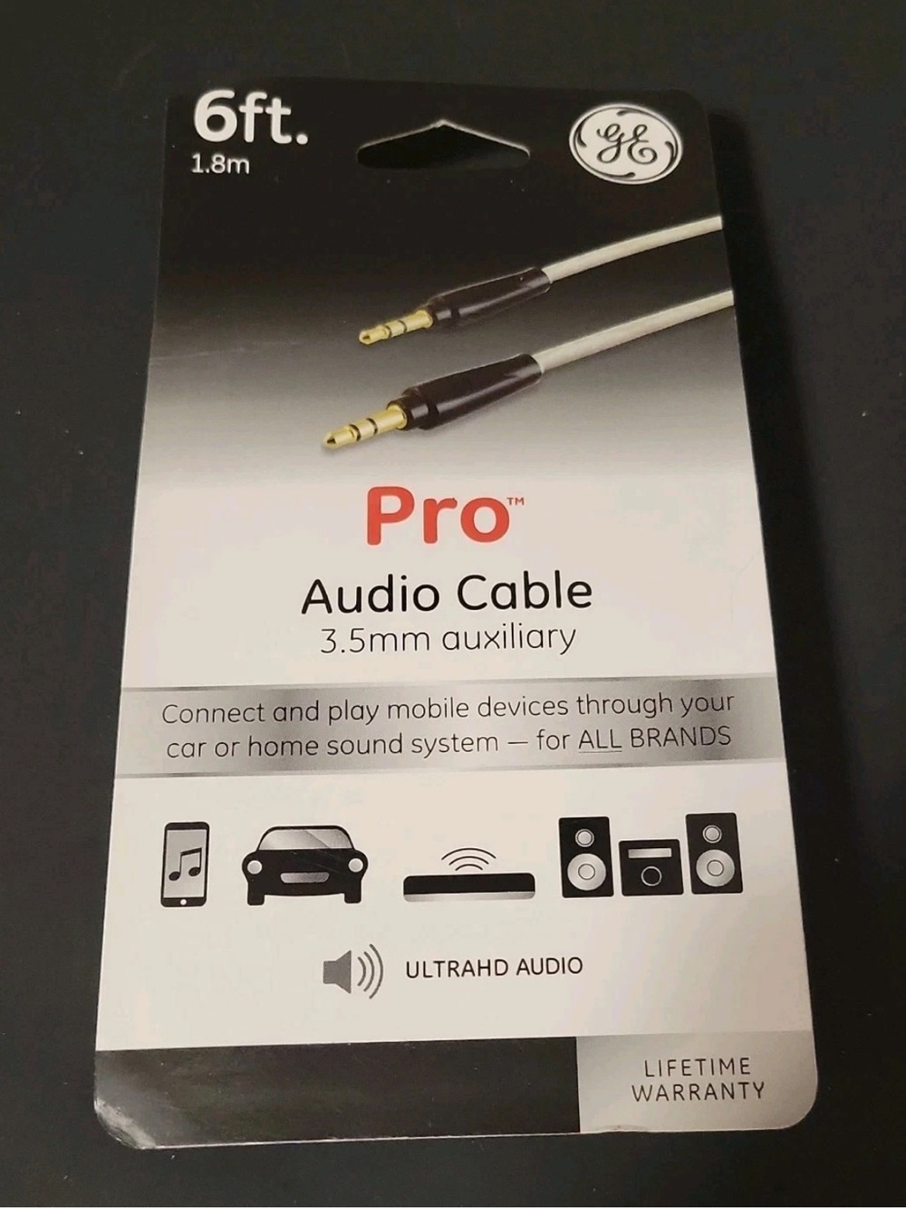 GE Pro 3.5mm Male to Male Aux Audio Cable 6 ft Gold Plated Black 33524